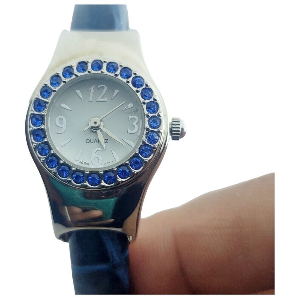 Miyota Quartz Women Watch Cobalt Blue Rhinestone Crystal Face Silver Cuff Band